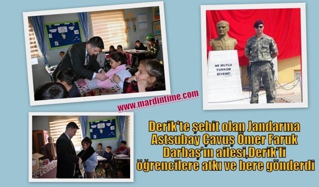 Derik'te şehit olan Jandarma Astsubay Çavuş Ömer Faruk Darbaş’ın ailesi,Derik’li öğrencilere atkı ve bere gönderdi
